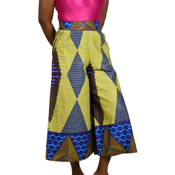 Grass Fields Ankara Wide Leg Crop Pants Yellow Gaucho African Print Small Medium - Picture 8 of 15